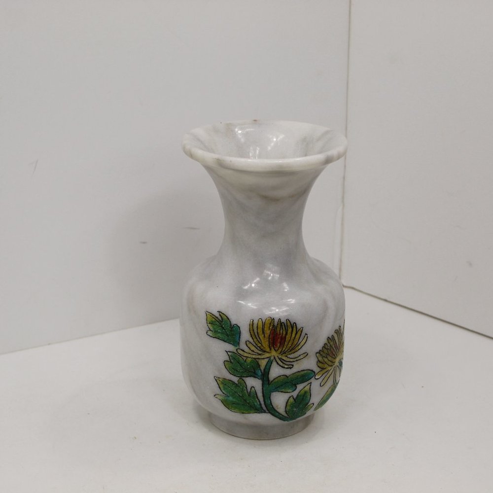 Vintage Marble Vase with Hand Etched Painted Floral Design